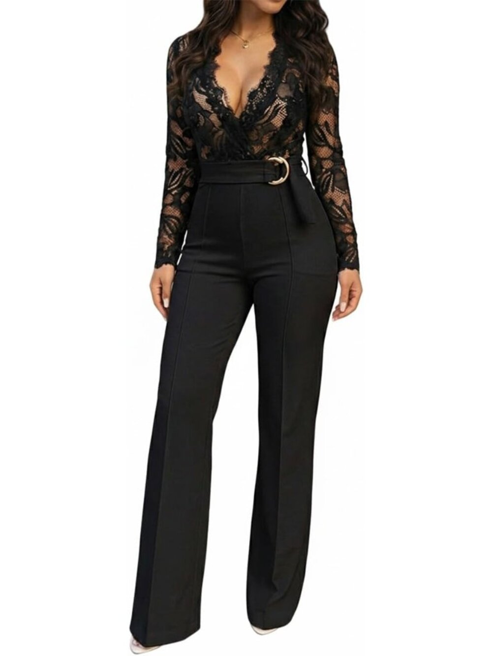 🆕Women's Black Floral Lace Jumpsuit 2026 Deep V-Neck Casual Long Sleeve